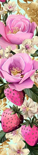 Free strawberry bookmark featuring a couple pretty pink flowers with strawberries